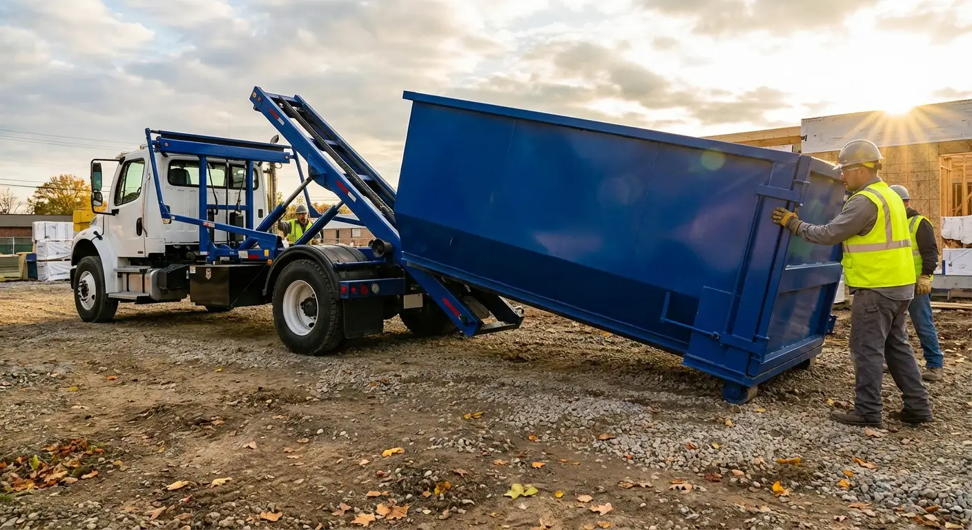 Construction dumpster delivery truck at job site in Hartford, CT