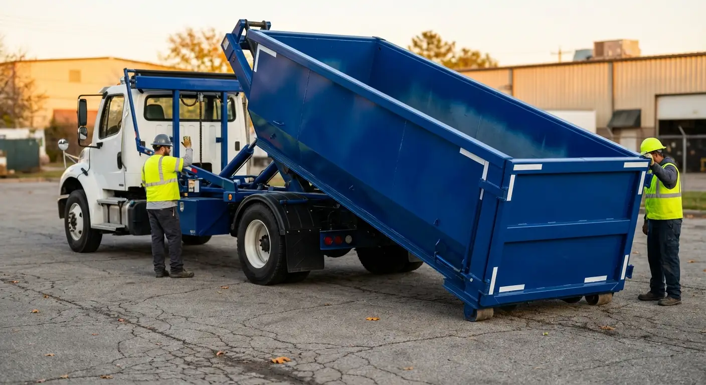 Roll-off dumpster rental truck protecting driveway surfaces in Hartford, CT