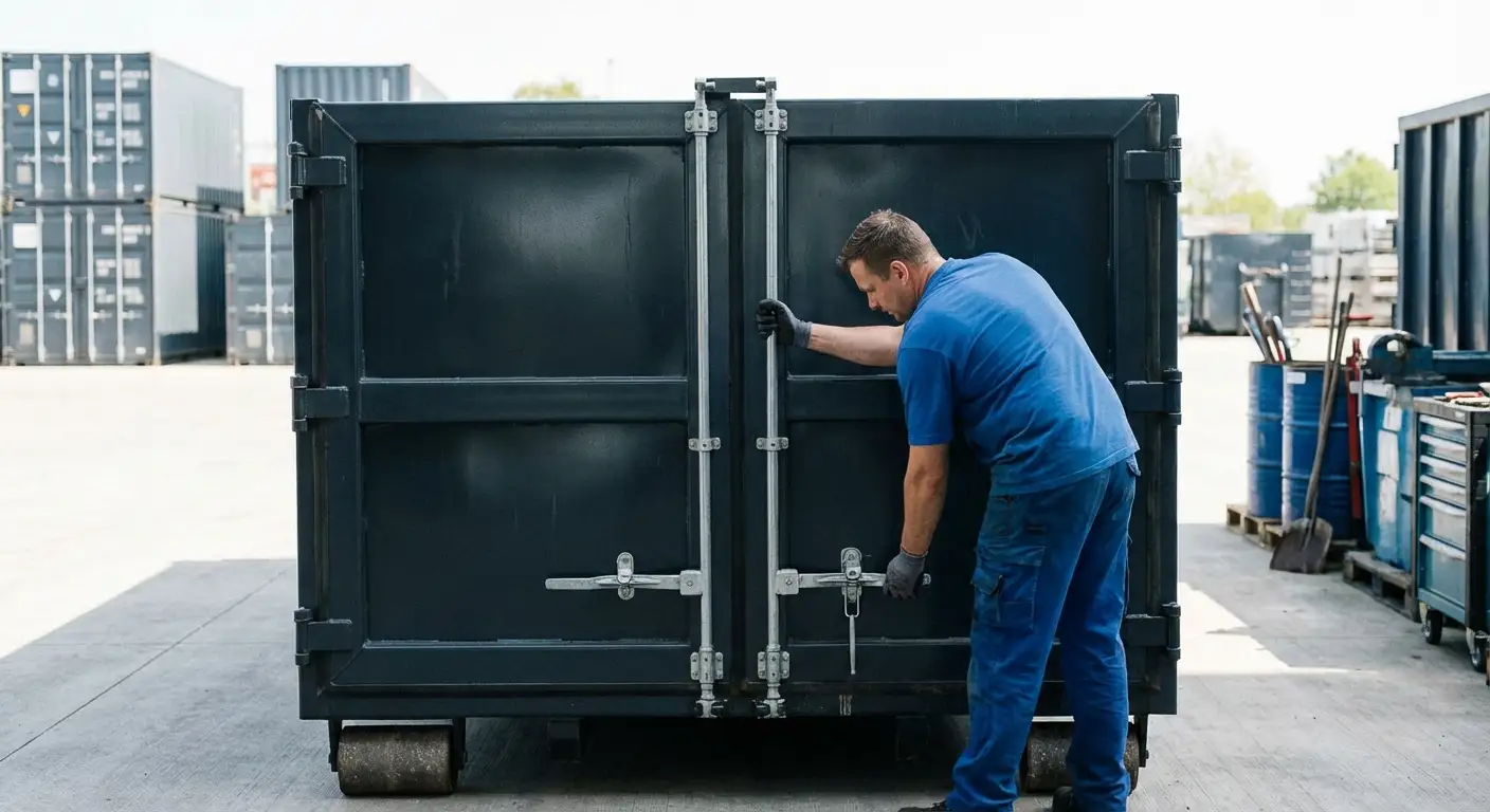 Dumpster walk-in loading door open showing easy access in Hartford, CT