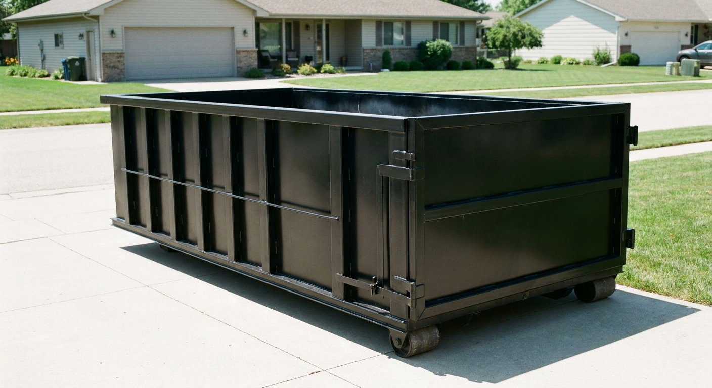 Matte-black 10-yard roll-off dumpster on a residential concrete driveway in Hartford, uniformly painted matte black across every panel and rail, ribbed steel sidewalls and rear swing door visible, mid-day daylight.