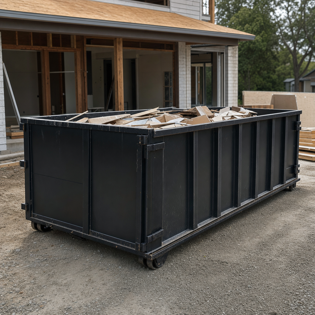 Large matte-black 30-yard construction roll-off dumpster at an active Hartford jobsite, steel-gray top rails and bottom rollers visible, loaded with construction debris.