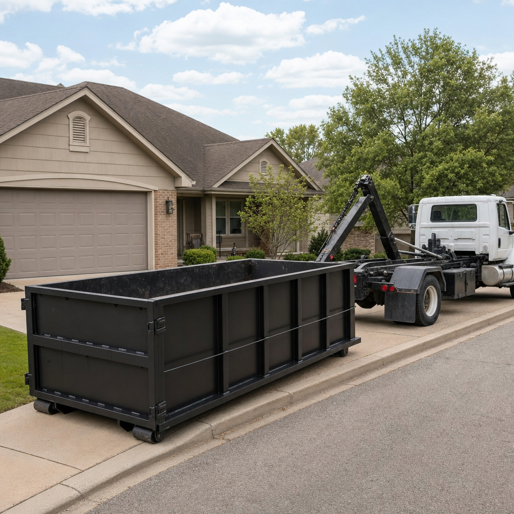 Wide documentary shot of a matte-black roll-off dumpster on a Hartford residential driveway in the foreground and a contractor jobsite container in the soft-focus background, bright daylight, calm and orderly composition.